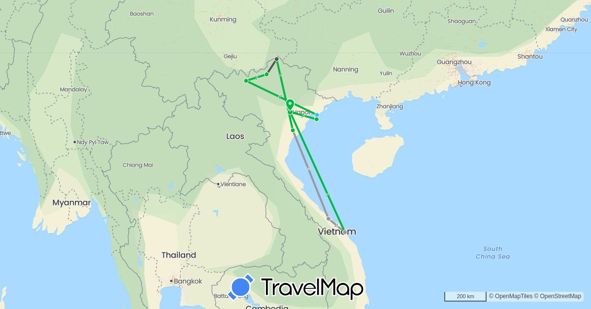 TravelMap itinerary: driving, bus, plane, boat, motorbike in Vietnam (Asia)